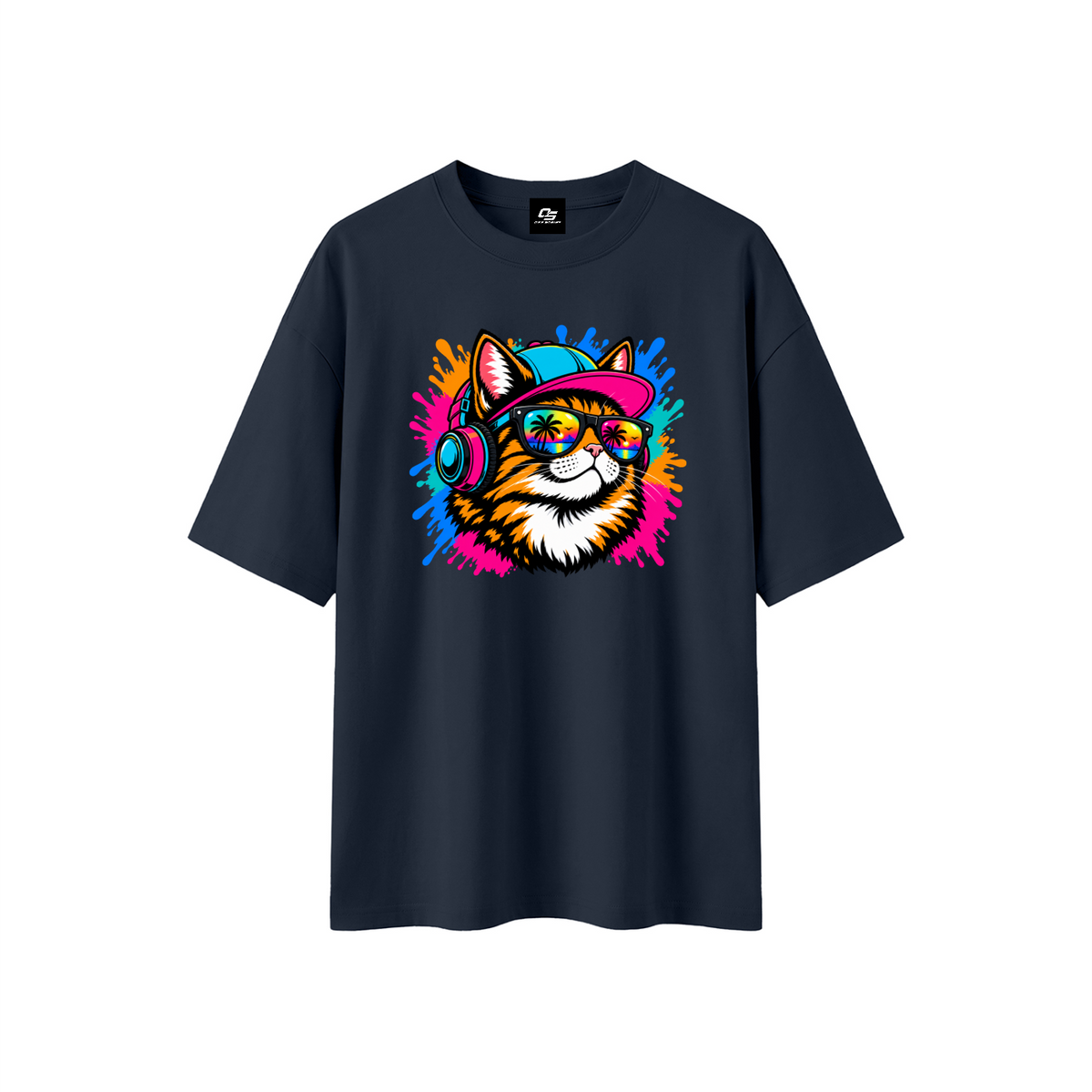 Cool Cat Sunset Headphones Unisex Boxy Oversized T-Shirt