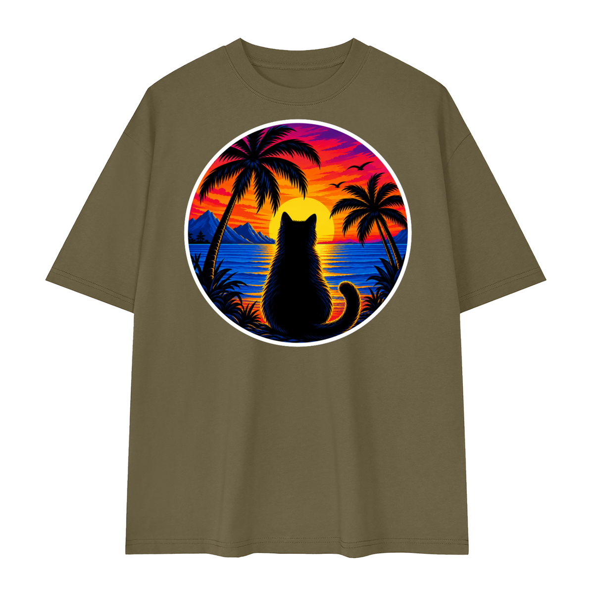 Tropical Sunset Cat Unisex Loose Drop Shoulder T-Shirt