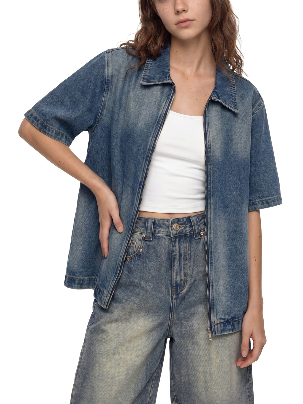 Unisex Vintage Washed Full-Zip Denim Shirt