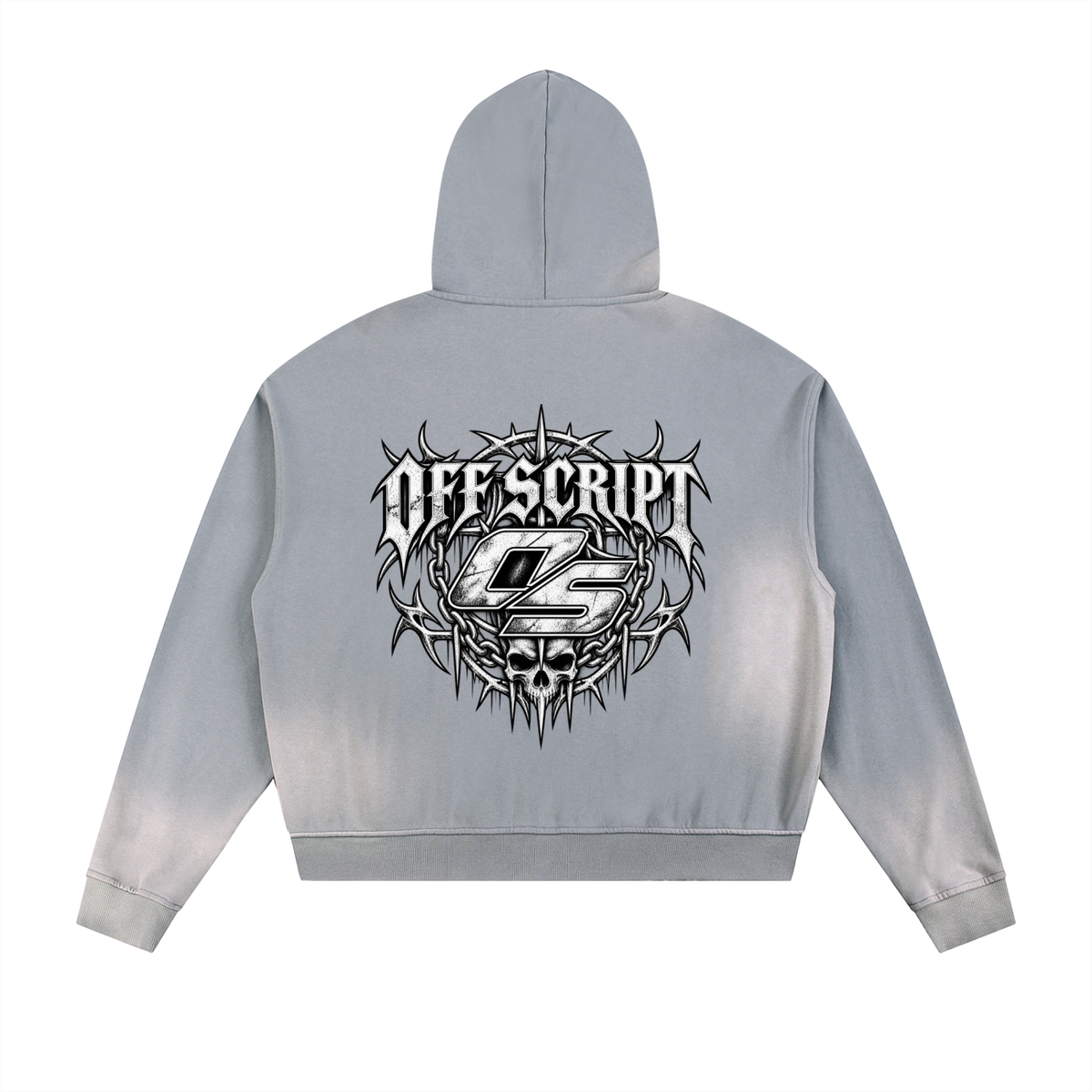 Off Script Gothic Skull Sun Fade Frayed Raw Edge Fleece Zip Hoodie