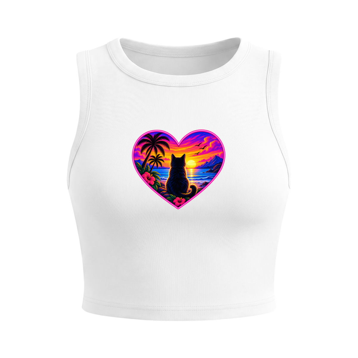 Tropical Sunset Cat Heart Women's Fitted Crop Tank Top