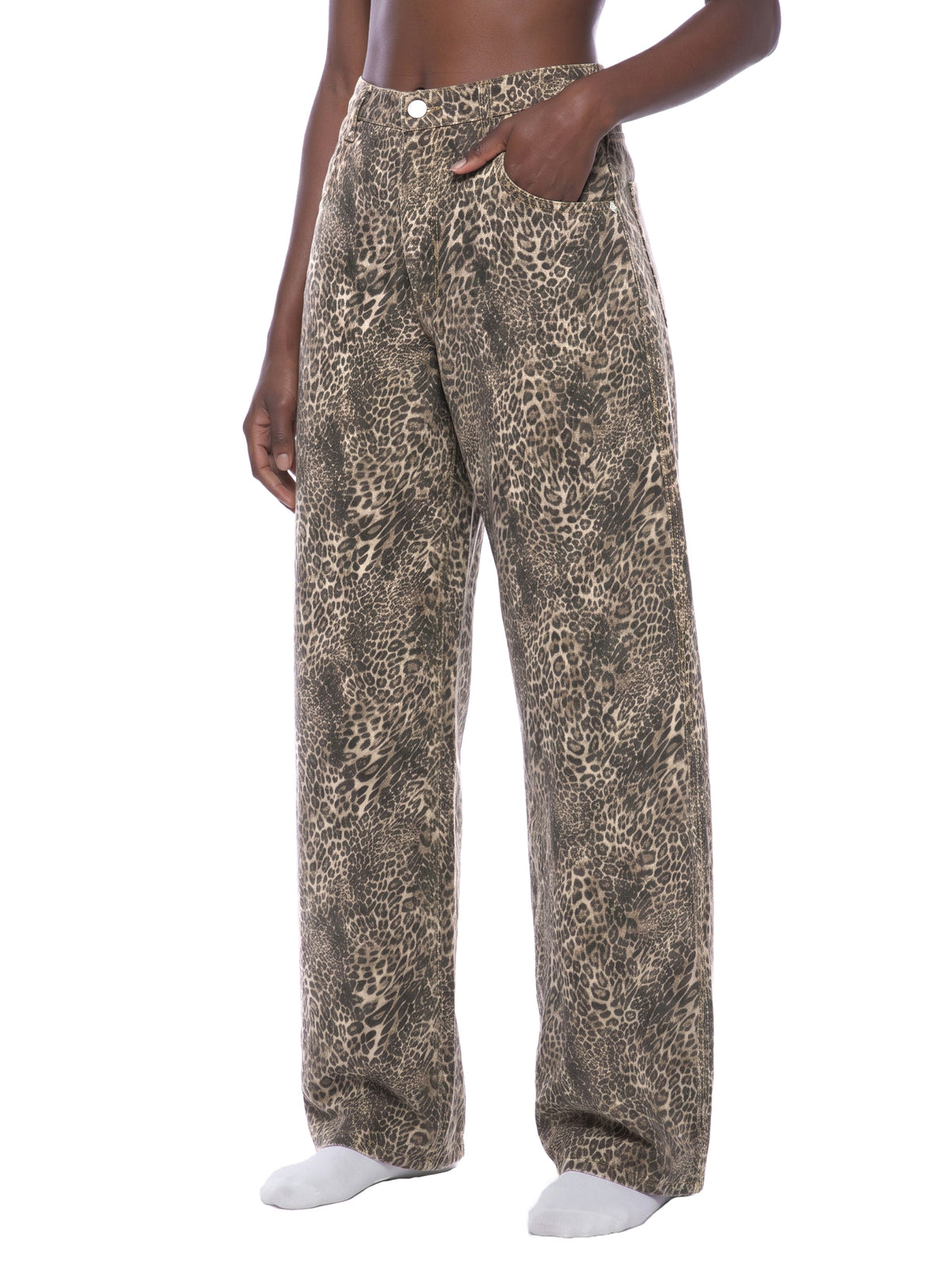 Unisex Vintage Wash Leopard Wide Leg Jeans