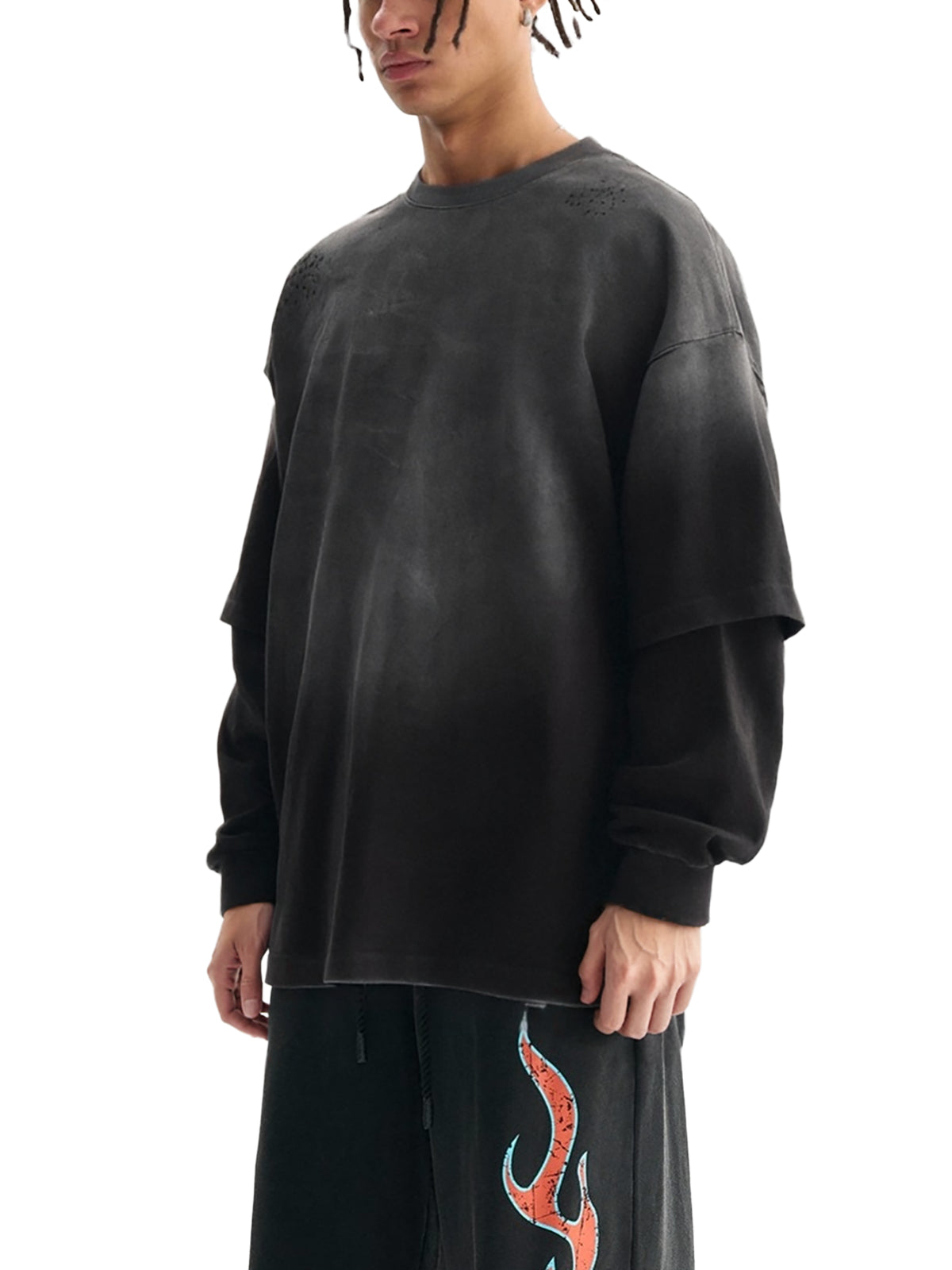 Unisex sunfade hand-frayed faux two-piece long-sleeve T-shirt