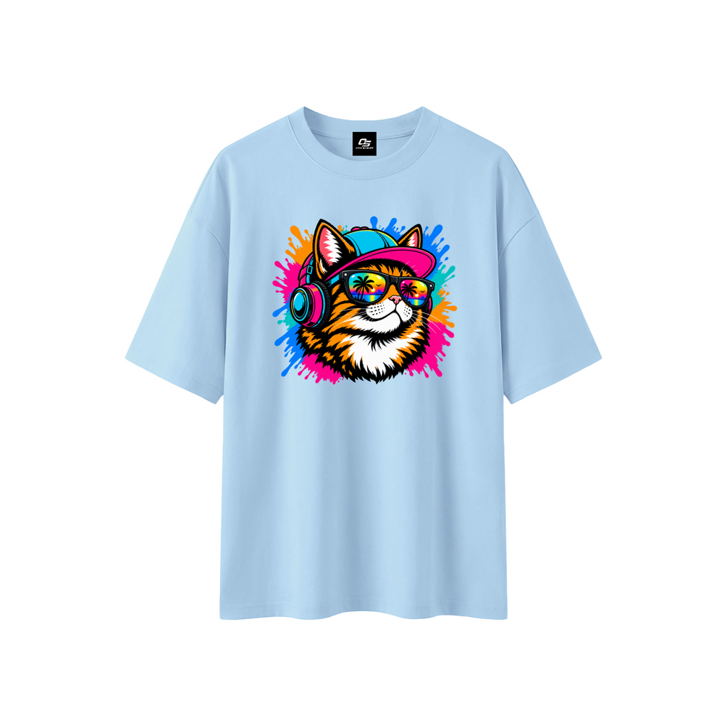 Cool Cat Sunset Headphones Unisex Boxy Oversized T-Shirt