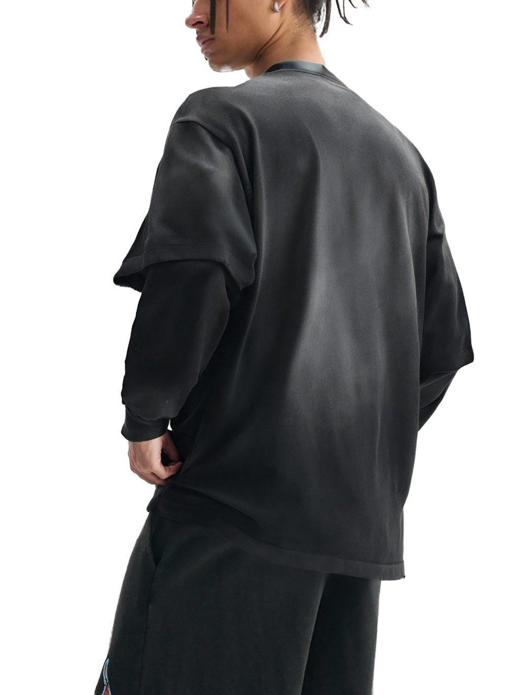 Unisex sunfade hand-frayed faux two-piece long-sleeve T-shirt
