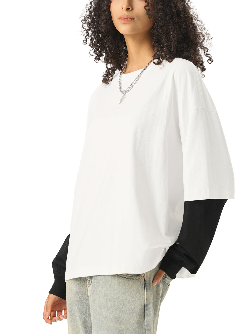 Unisex Layered Contrast-Sleeve Long-Sleeve T-Shirt gallery view