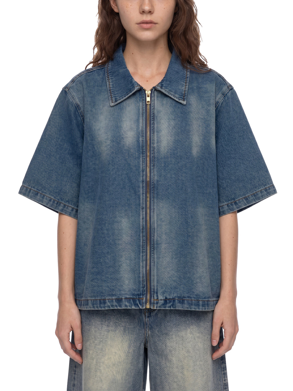 Unisex Vintage Washed Full-Zip Denim Shirt
