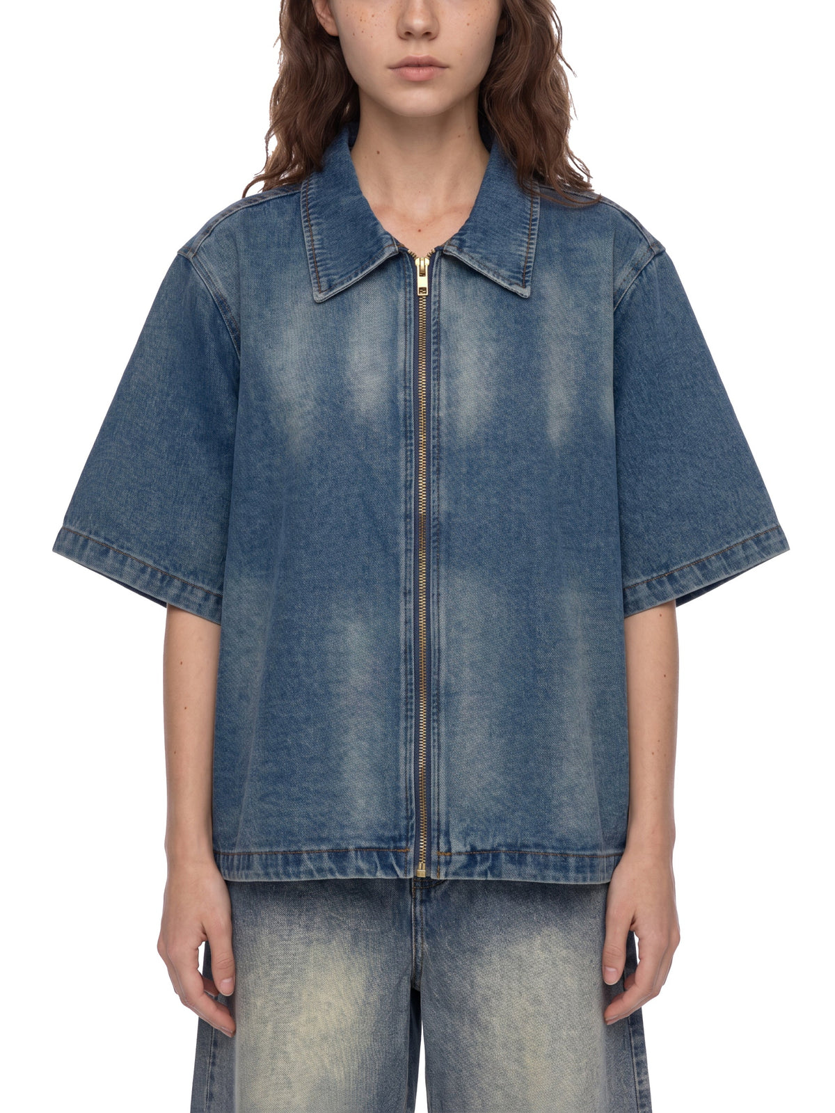Unisex Vintage Washed Full-Zip Denim Shirt