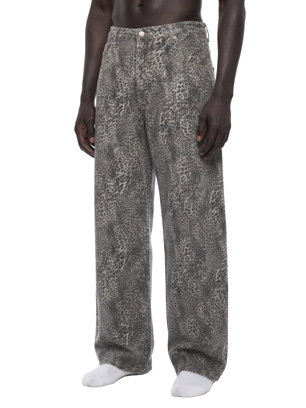 Unisex Vintage Wash Leopard Wide Leg Jeans