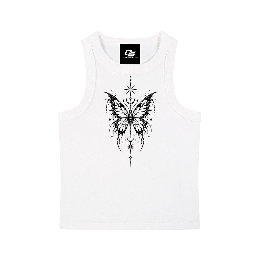 Celestial Butterfly women’s snow-washed tank top in white – front