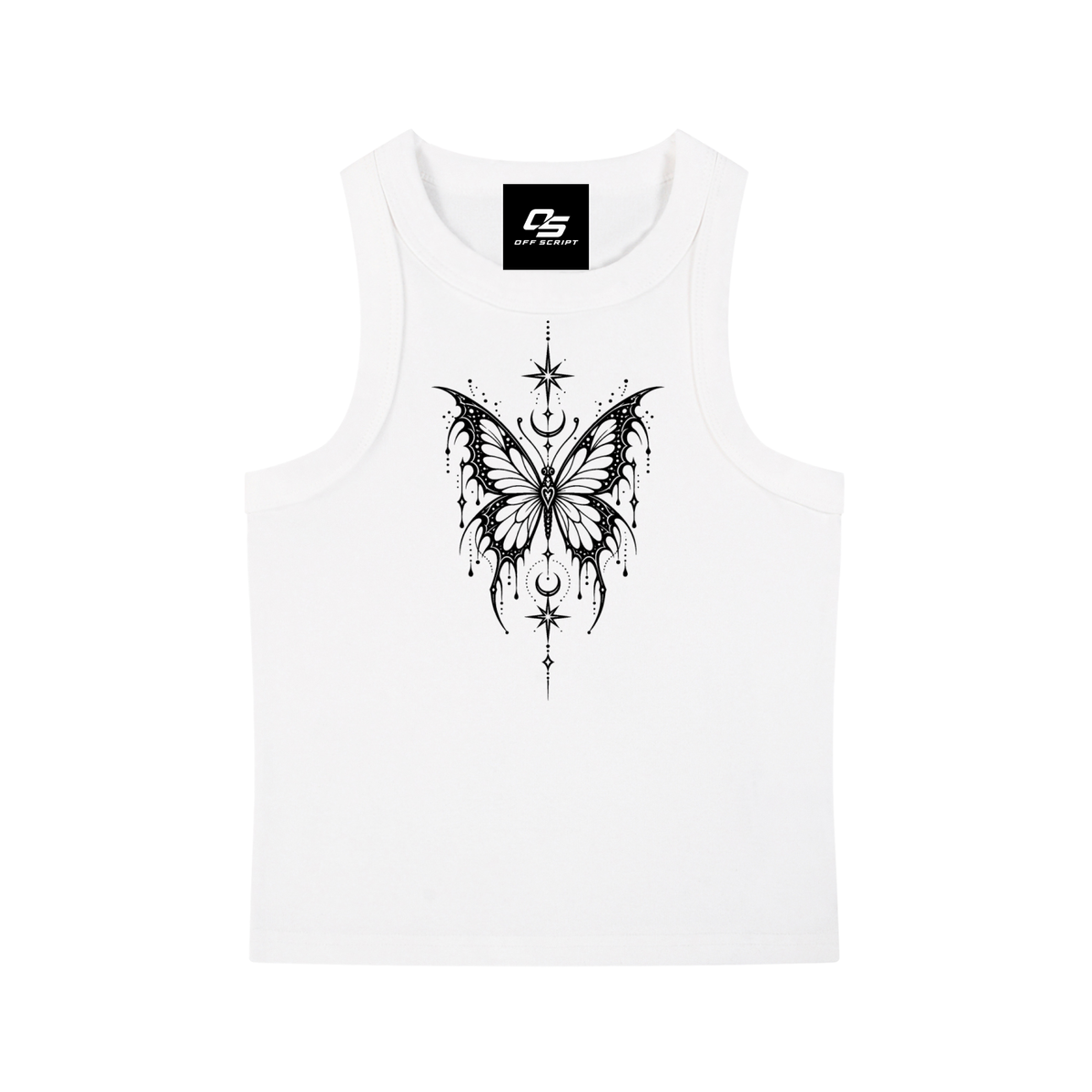 Celestial Butterfly women’s snow-washed tank top in white – front