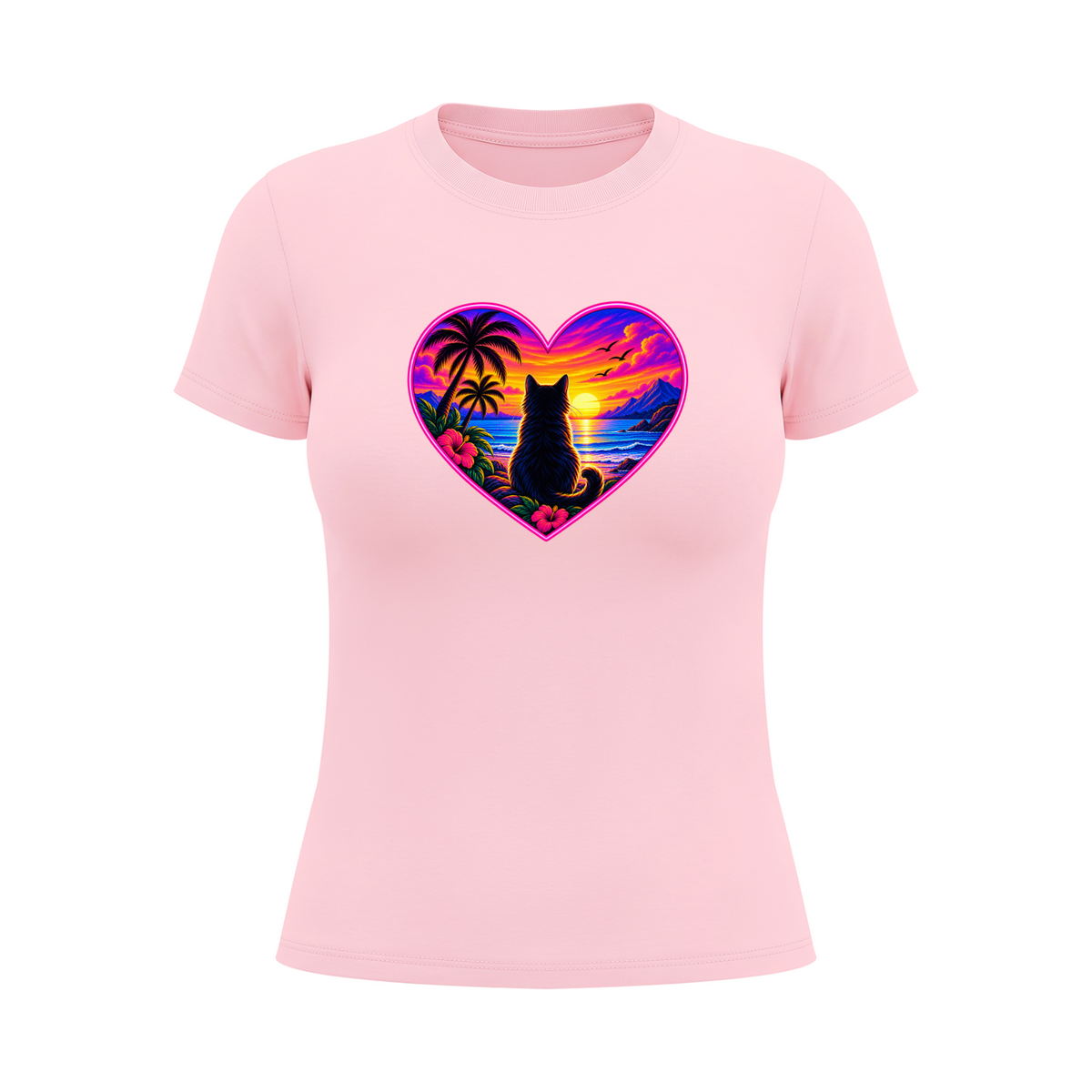 Women's Cat Sunset Heart Graphic T-Shirt