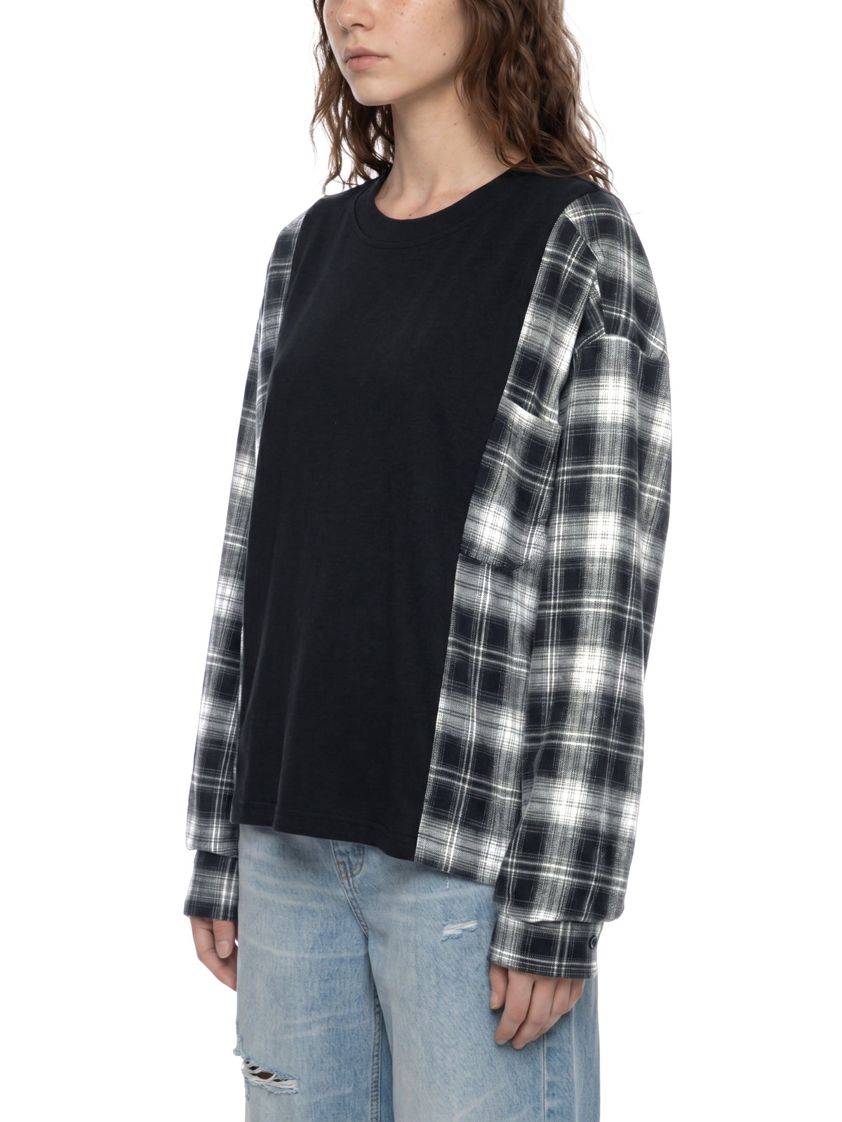 Unisex Plaid Panel Long Sleeve T-Shirt
