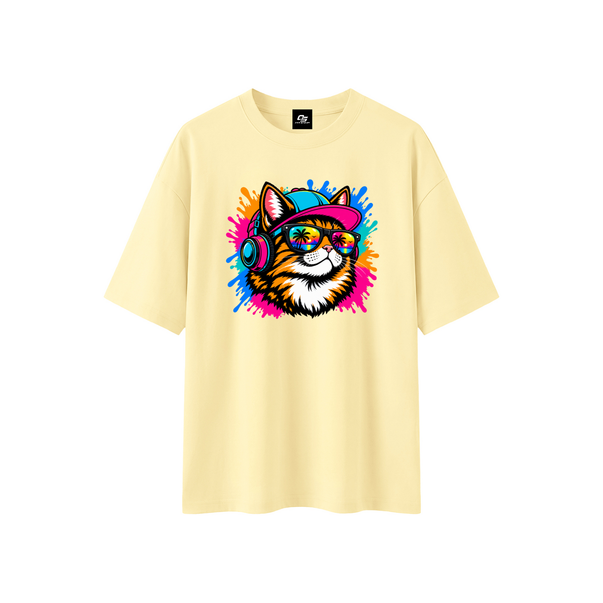 Cool Cat Sunset Headphones Unisex Boxy Oversized T-Shirt