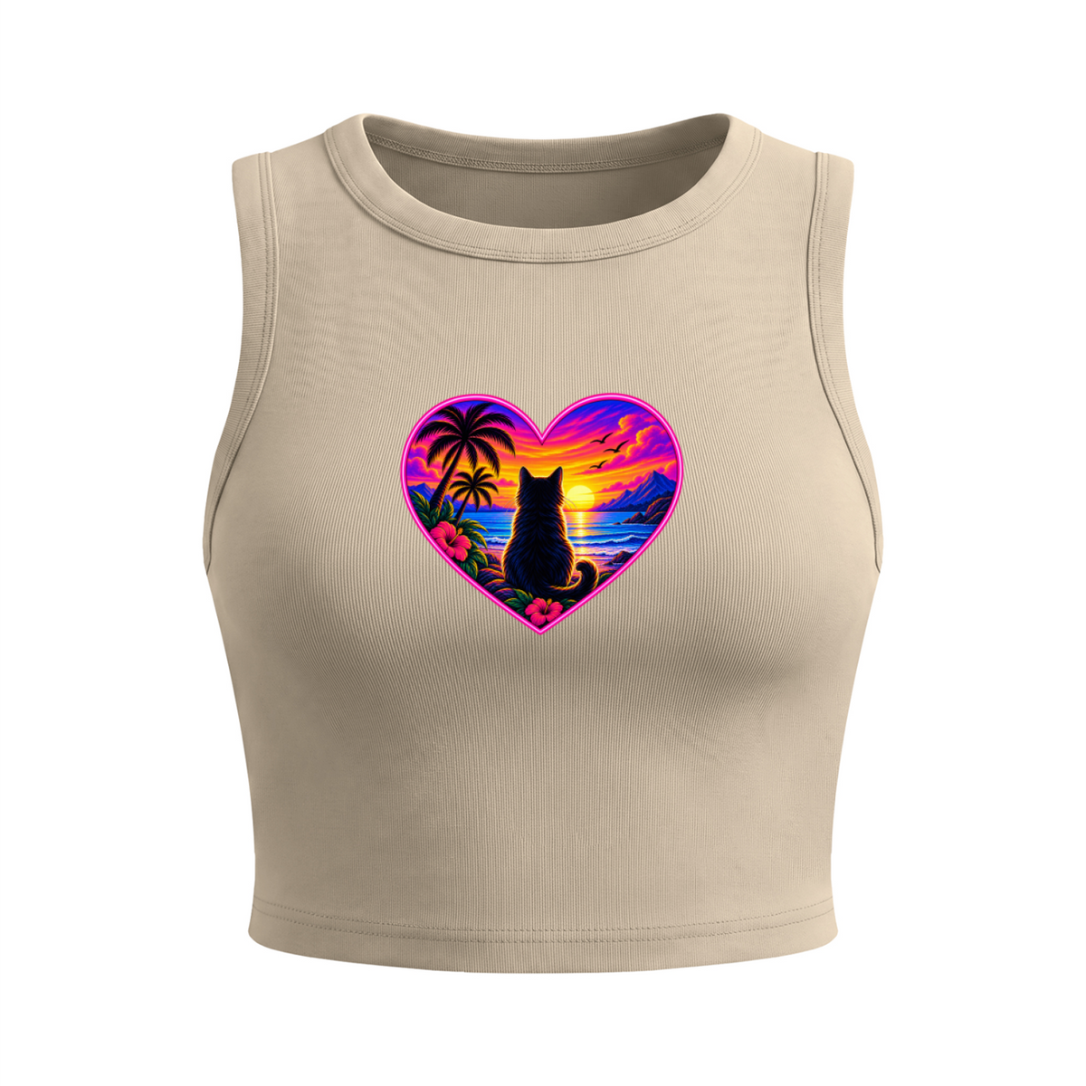 Tropical Sunset Cat Heart Women's Fitted Crop Tank Top