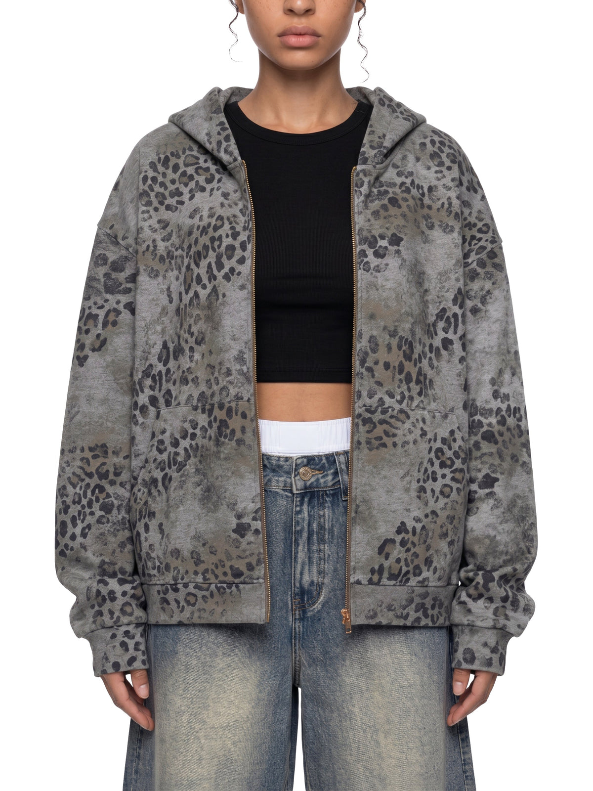 Unisex Vintage Wash Leopard Full Zip Hoodie