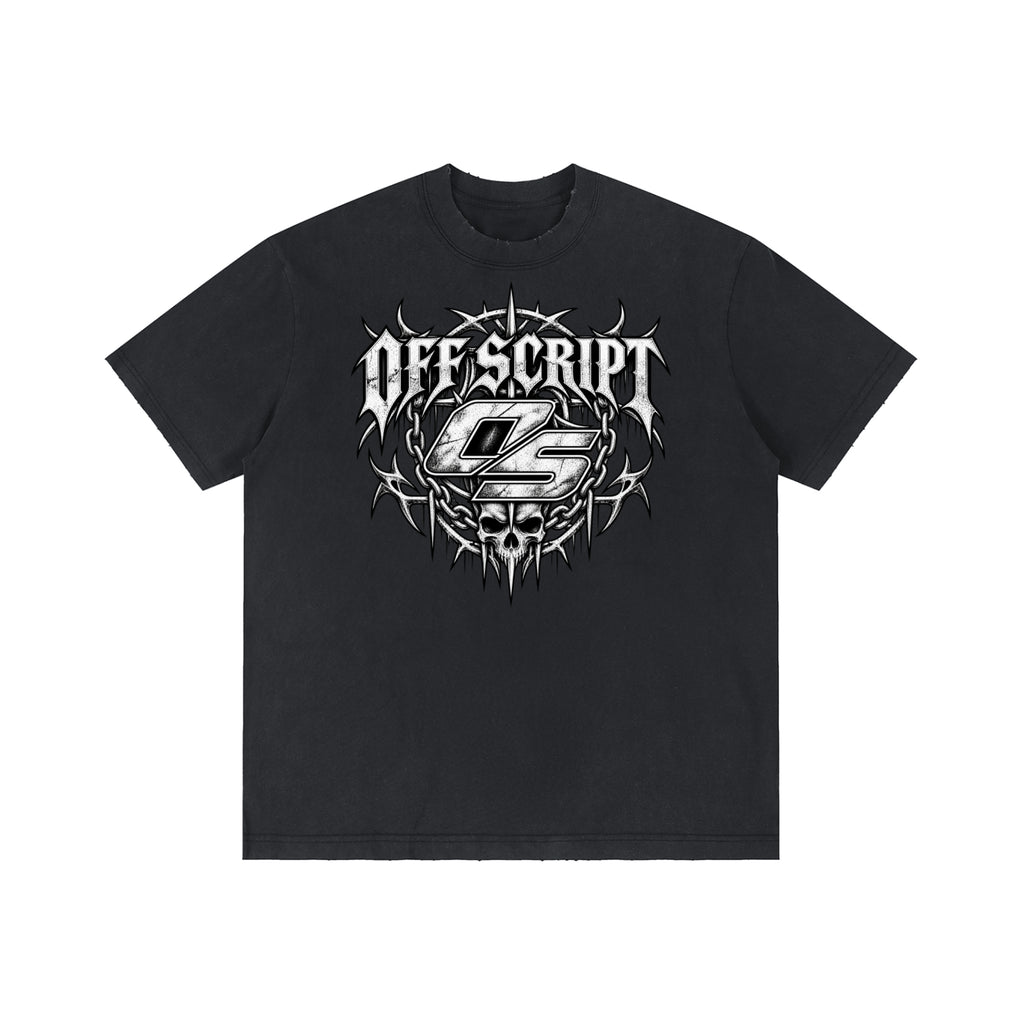 Off Script Gothic Skull Front-Print Vintage Wash Distressed T-Shirt