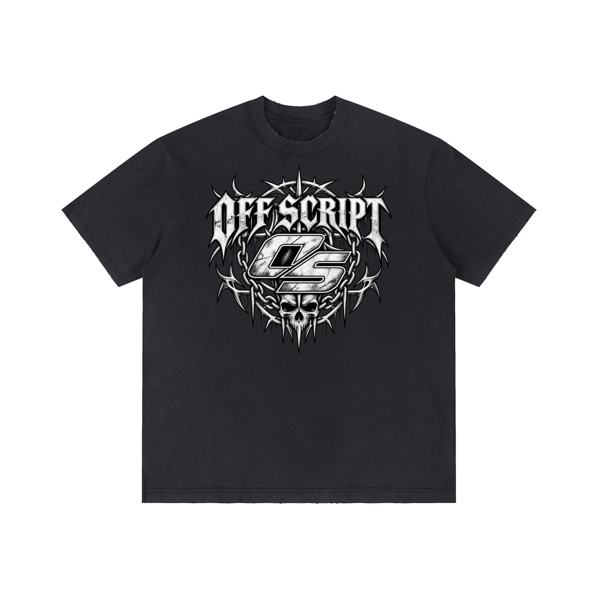 Off Script Gothic Skull Front-Print Vintage Wash Distressed T-Shirt