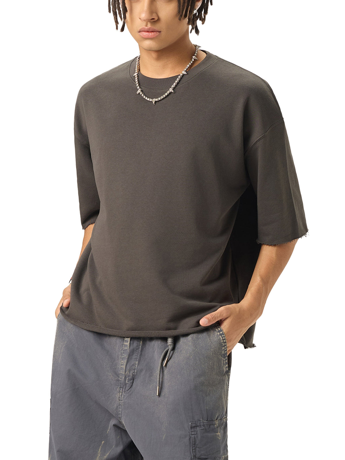 Unisex Boxy Half-Sleeve Raw-Edge T-Shirt gallery view