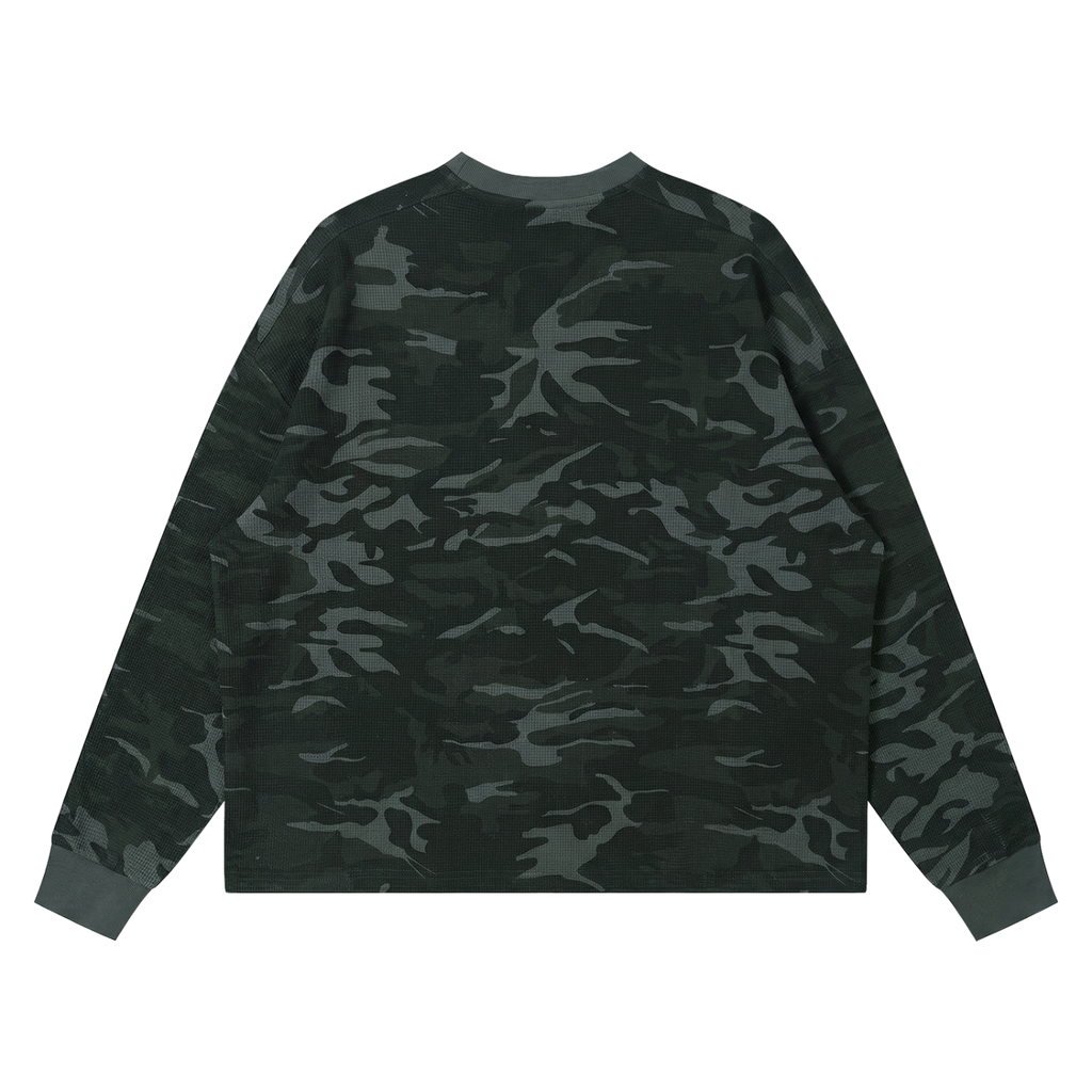 Off Script Waffle Boxy Long Sleeve T-Shirt - Gray Camo back view