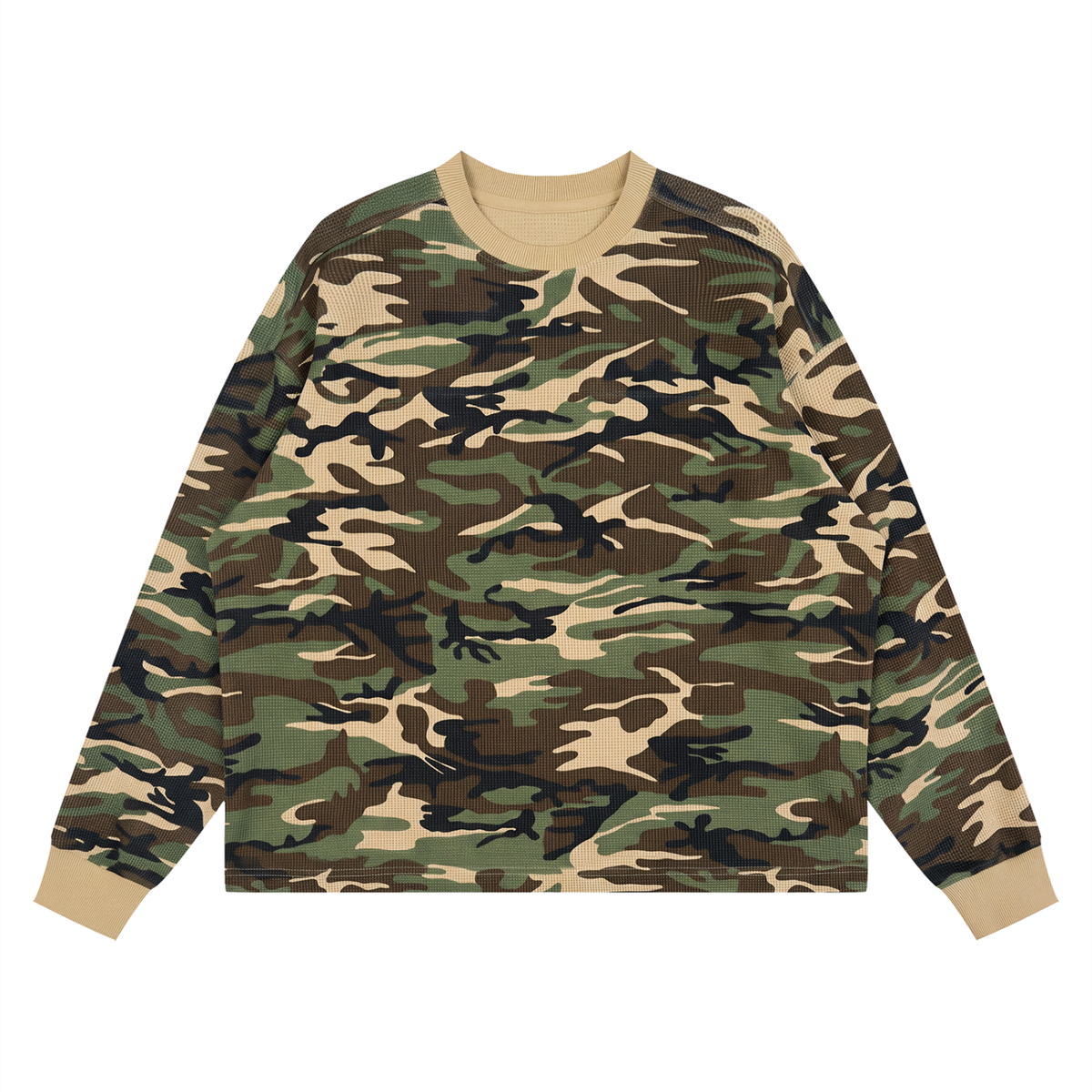 Off Script Waffle Boxy Long Sleeve T-Shirt - Khaki Camo front view