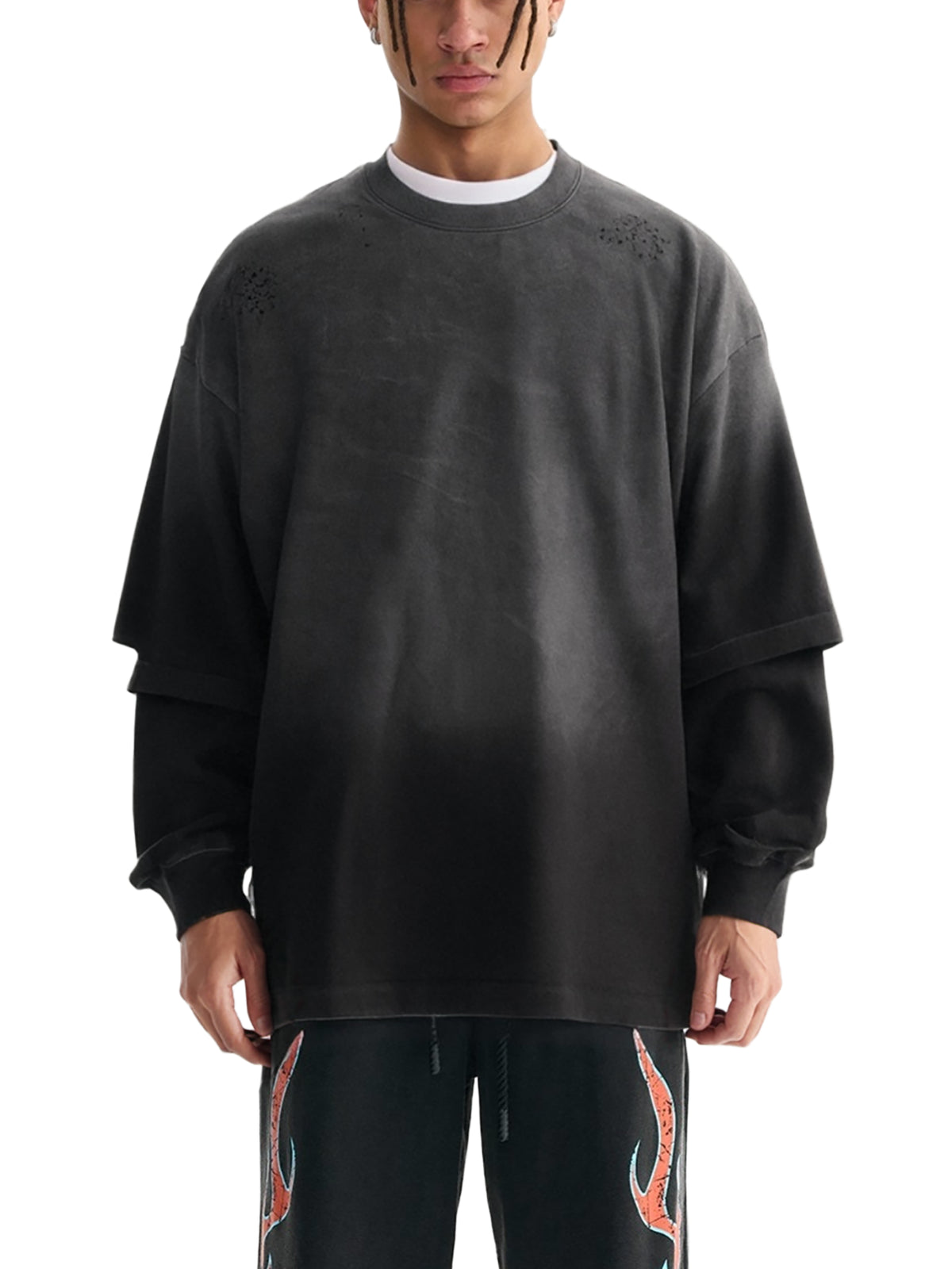 Unisex sunfade hand-frayed faux two-piece long-sleeve T-shirt