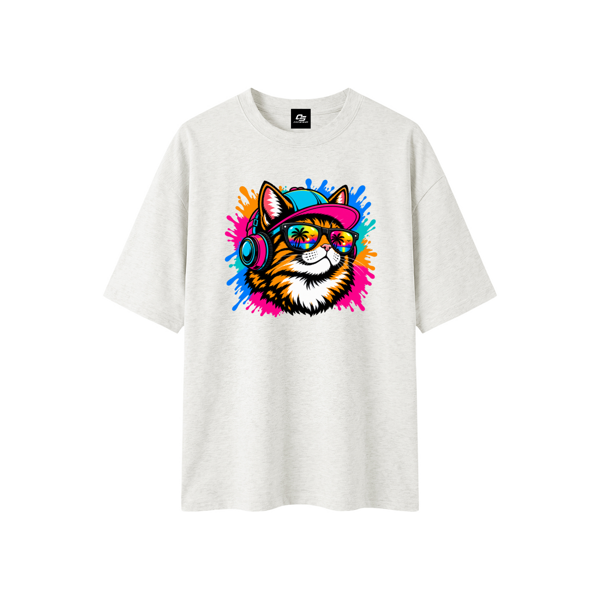 Cool Cat Sunset Headphones Unisex Boxy Oversized T-Shirt