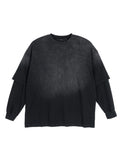 Black Unisex sunfade hand-frayed faux two-piece long-sleeve T-shirt front view