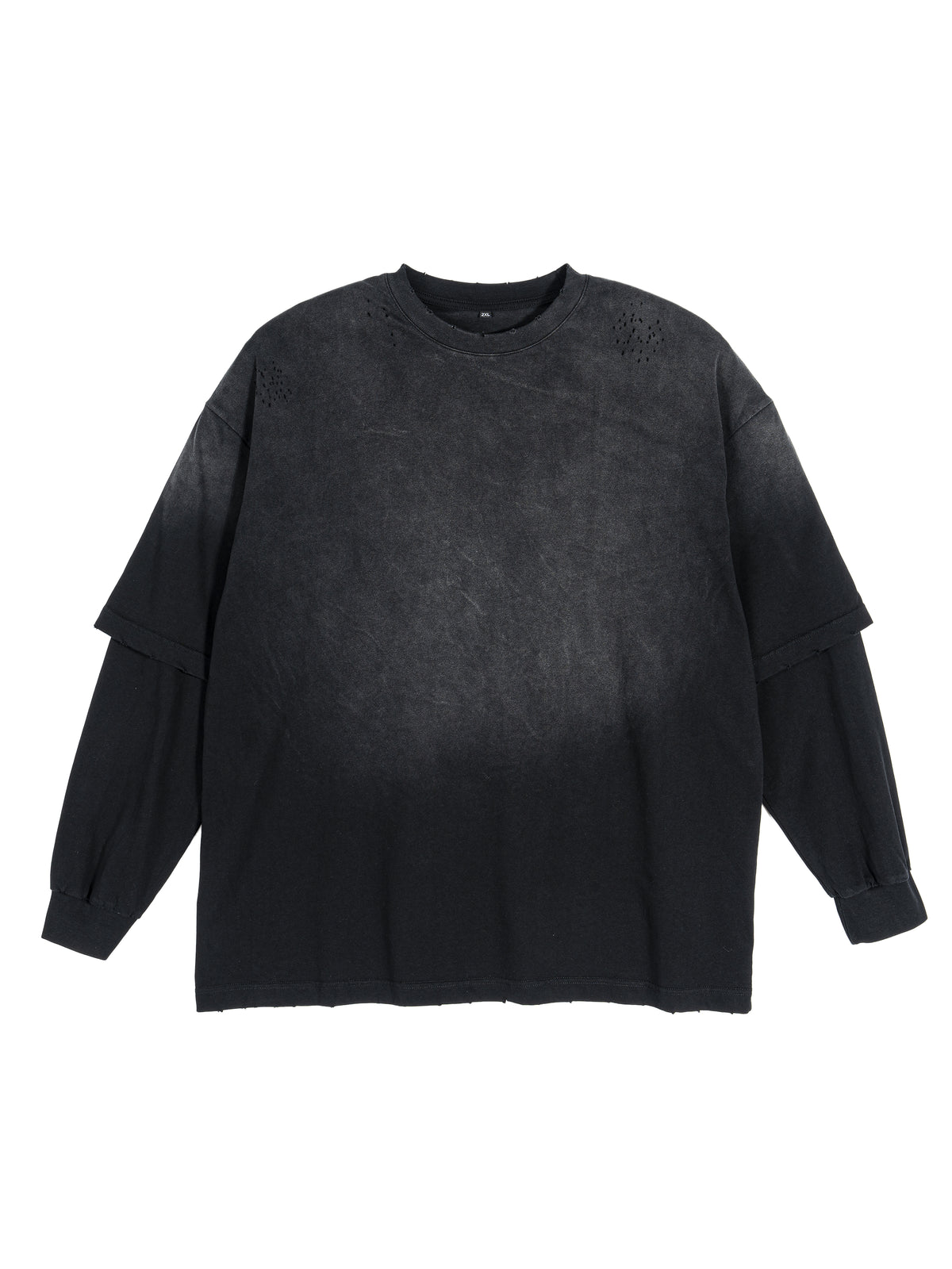 Black Unisex sunfade hand-frayed faux two-piece long-sleeve T-shirt front view