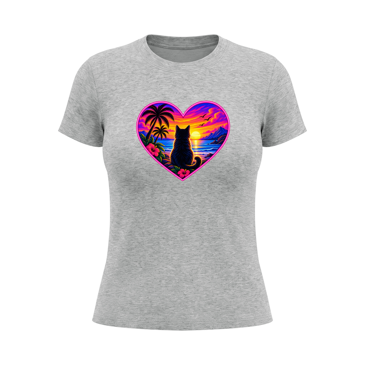 Women's Cat Sunset Heart Graphic T-Shirt