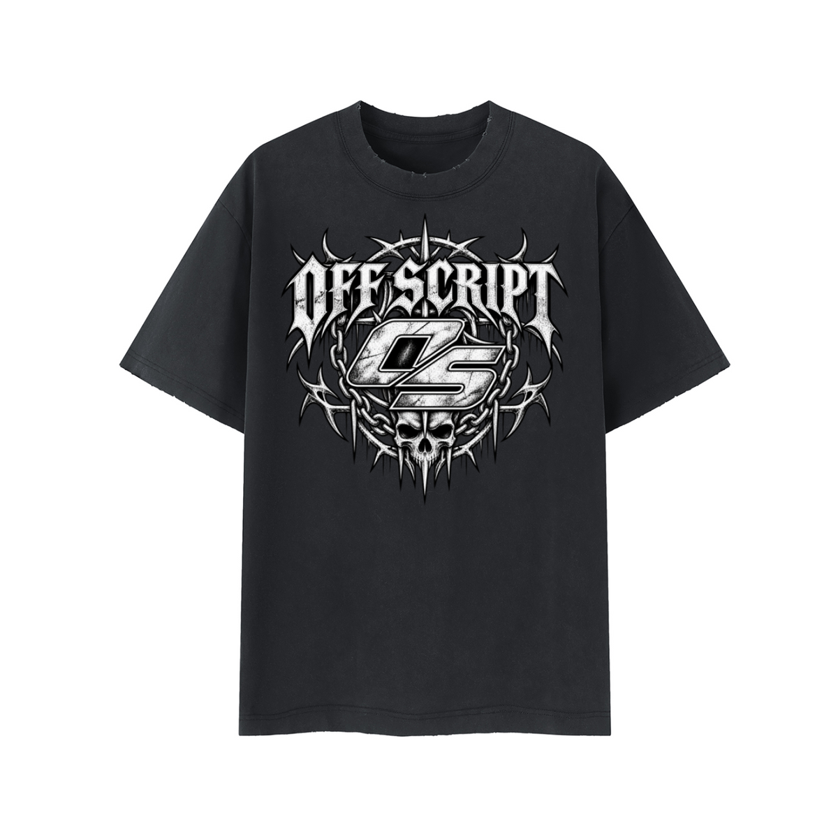 Off Script Gothic Skull Front-Print Vintage Wash Distressed T-Shirt