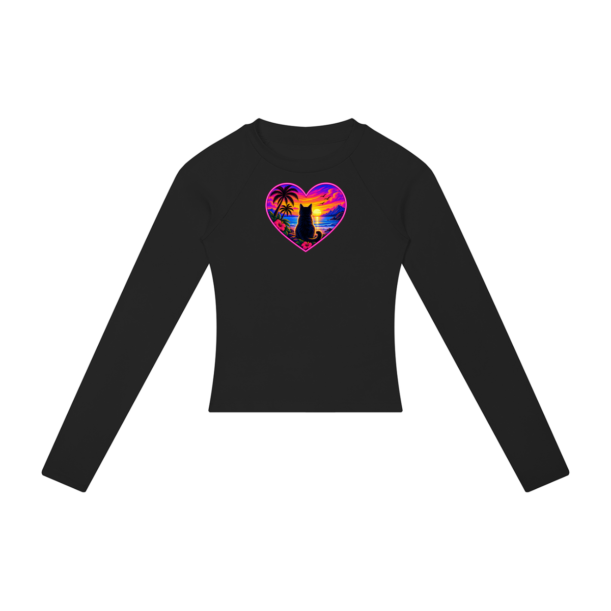 Sunset Cat Heart Women's Raglan Long Sleeve Crop T-Shirt