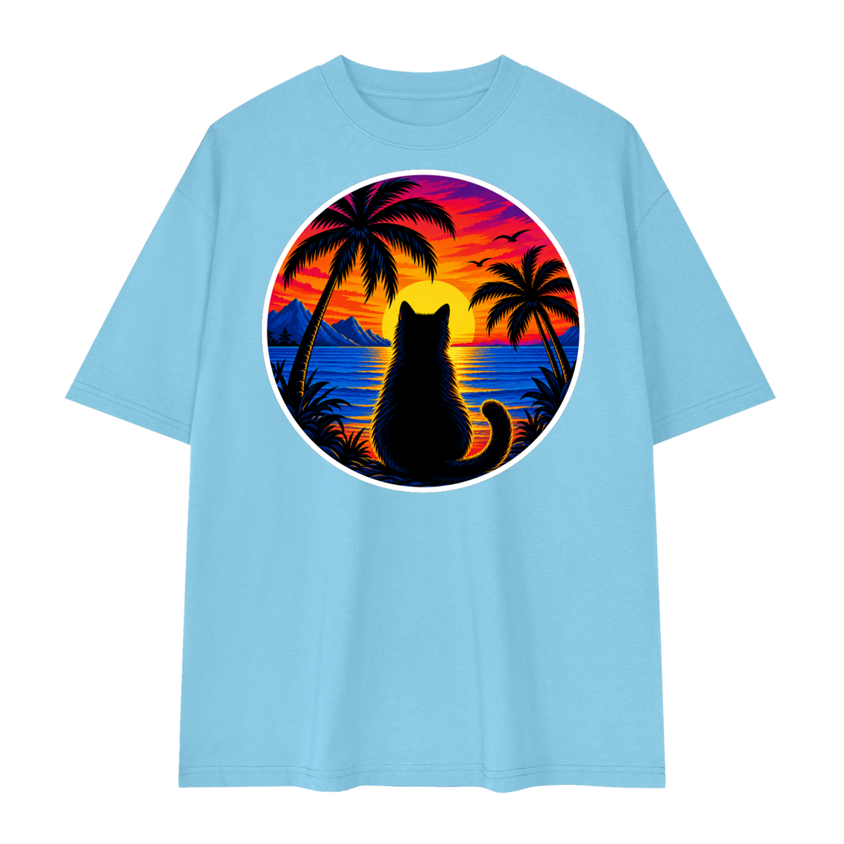 Tropical Sunset Cat Unisex Loose Drop Shoulder T-Shirt