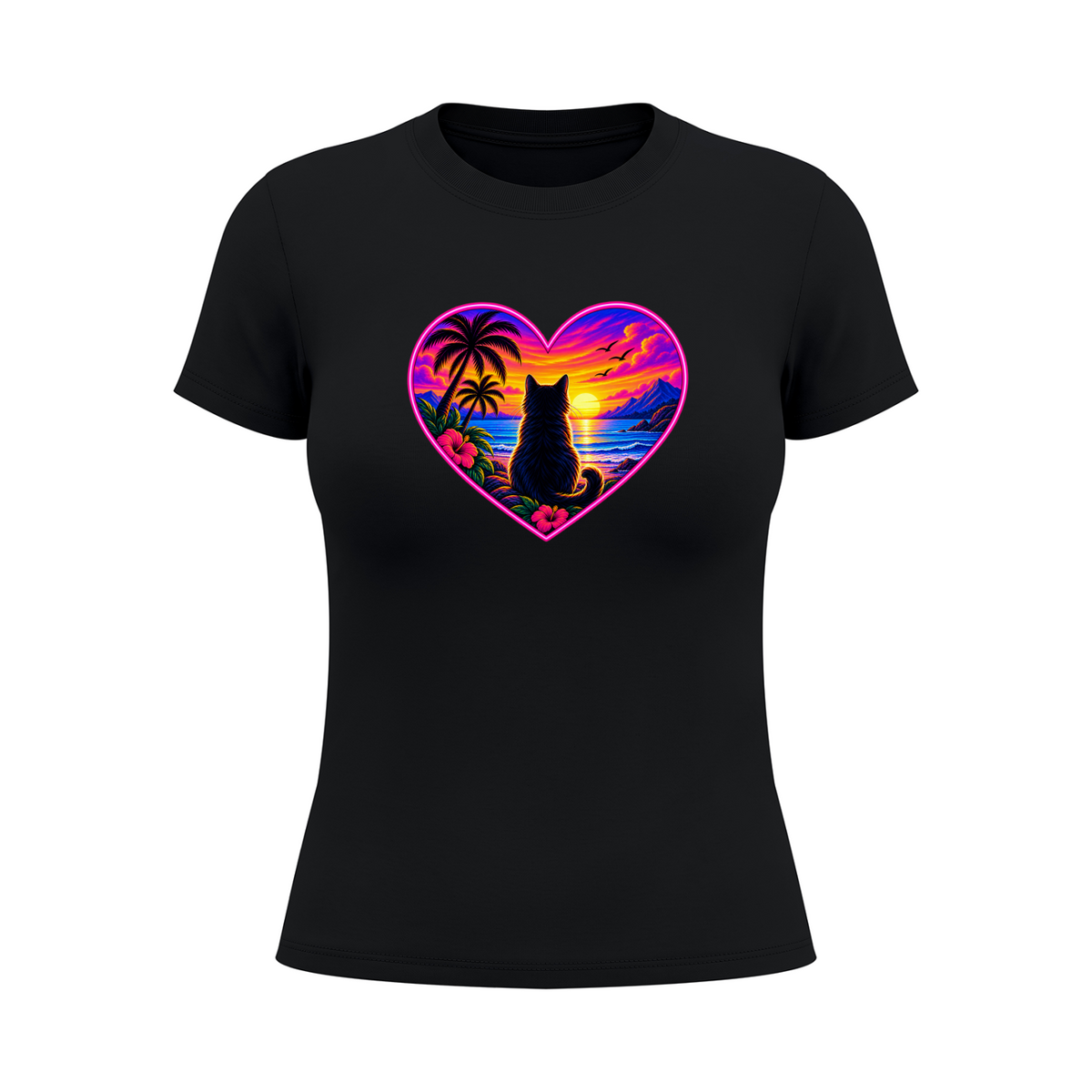 Women's Cat Sunset Heart Graphic T-Shirt
