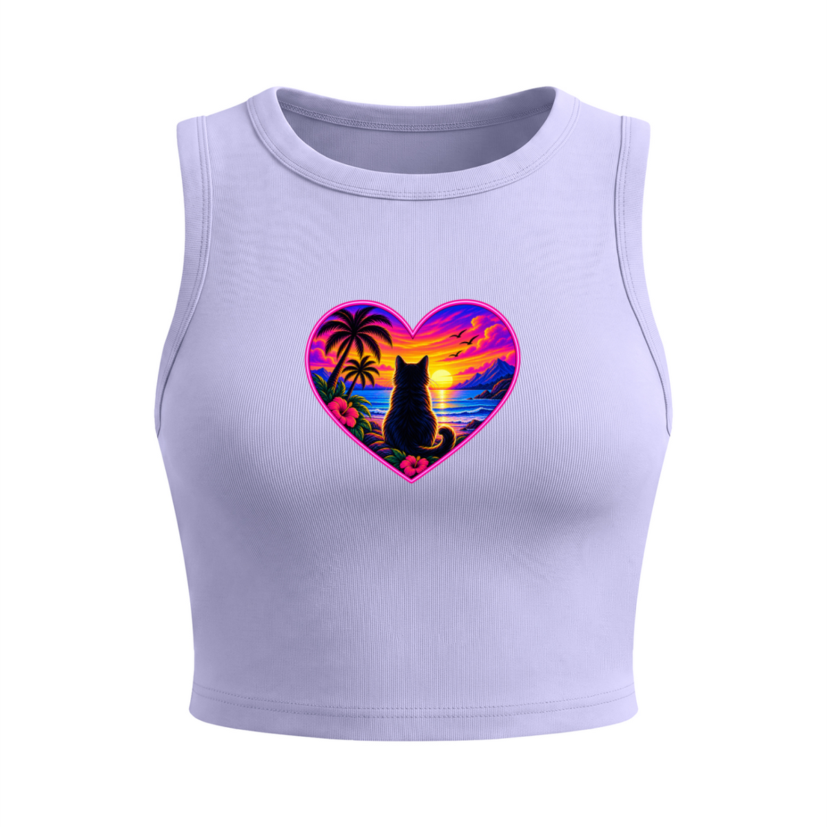 Tropical Sunset Cat Heart Women's Fitted Crop Tank Top
