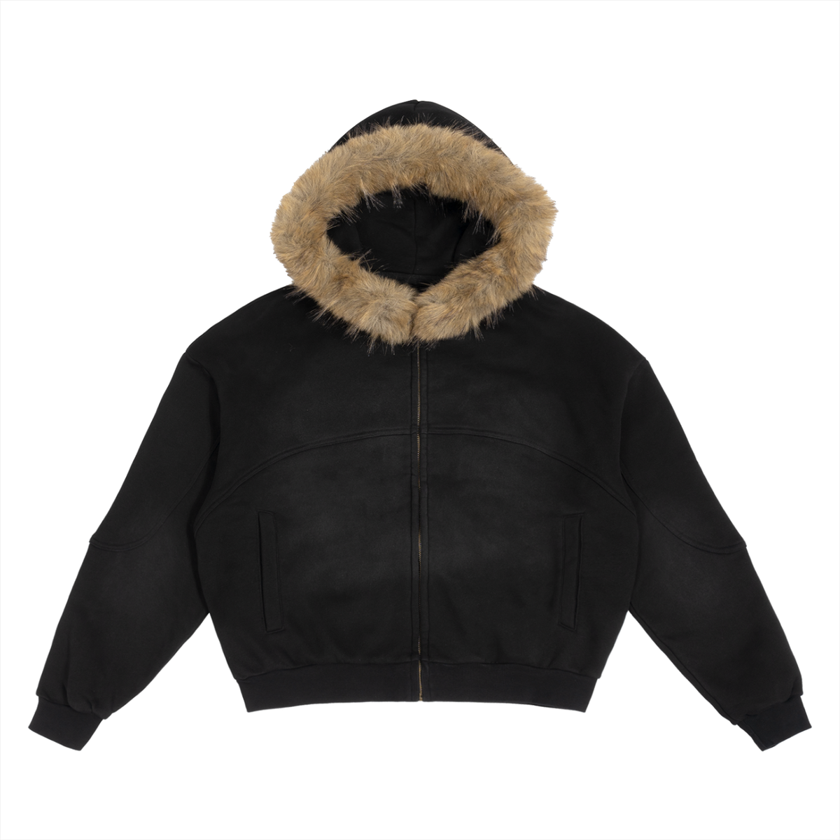 Sun Fade Boxy Detachable Fur Hoodie – Black