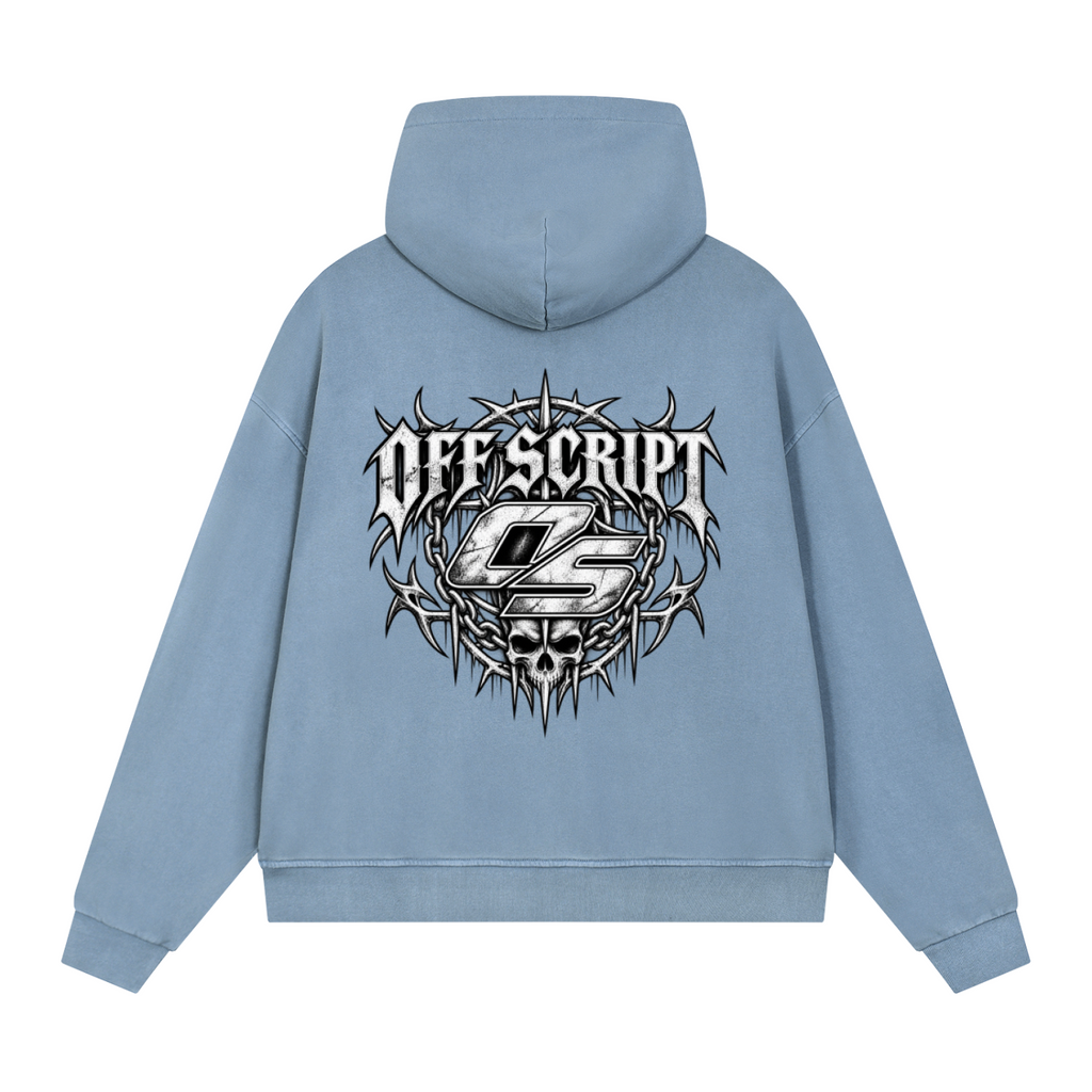 Off Script Gothic Skull Vintage Wash Full Zip Boxy Hoodie