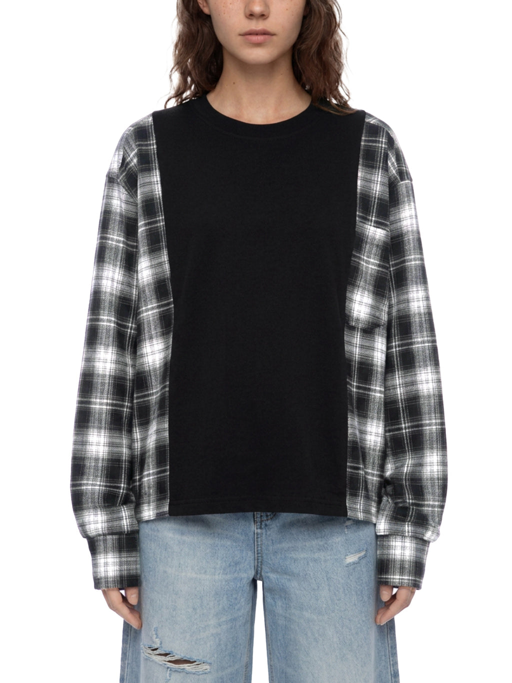 Unisex Plaid Panel Long Sleeve T-Shirt