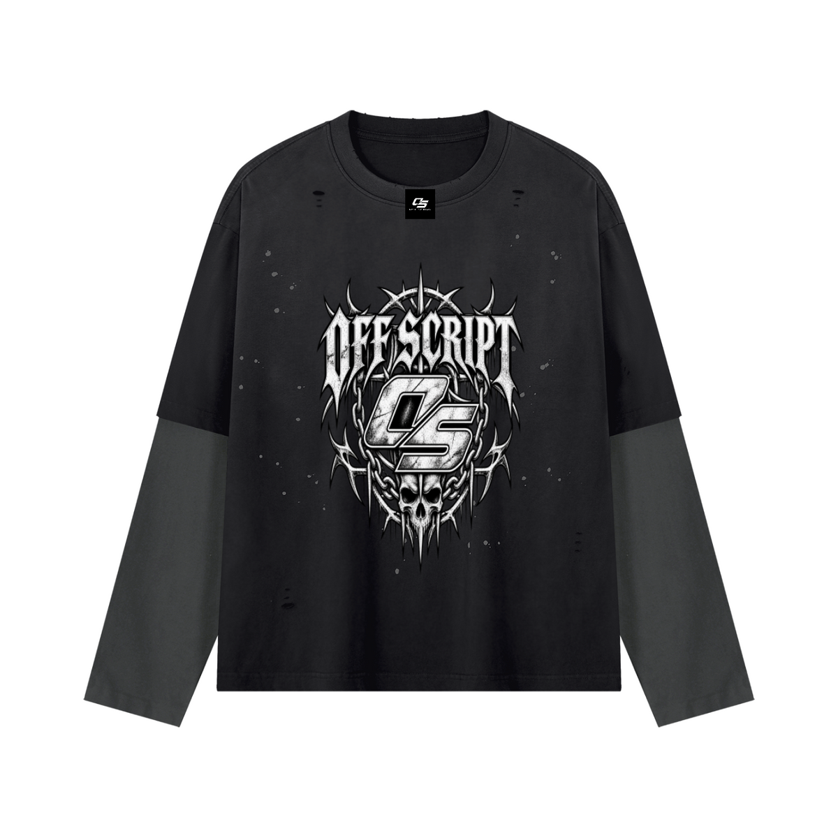 Off Script Gothic Skull Vintage Wash Distressed Layer T-Shirt