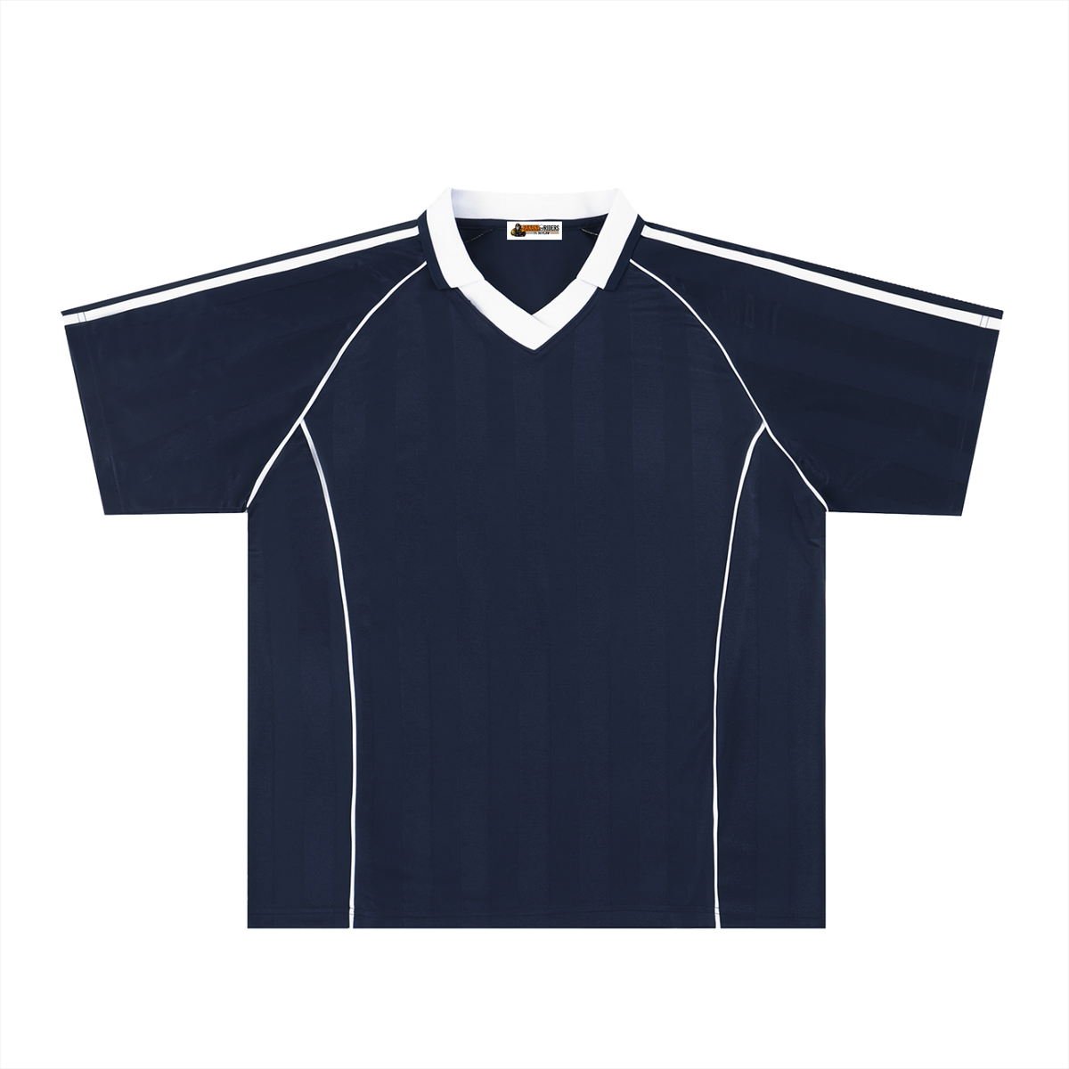 Navy Blue with White Unisex Shadow-Stripe Collared Soccer Jersey front view