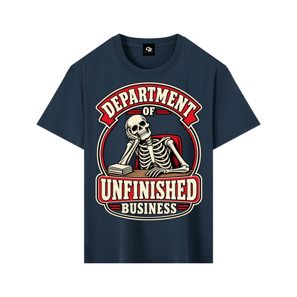 Department of Unfinished Business Pure Cotton Unisex T-Shirt – Navy Blue