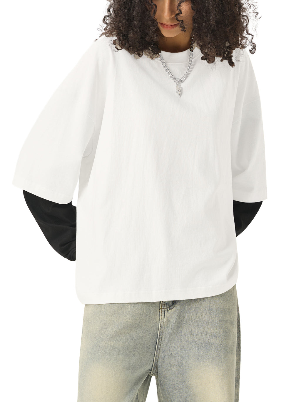 Unisex Layered Contrast-Sleeve Long-Sleeve T-Shirt gallery view