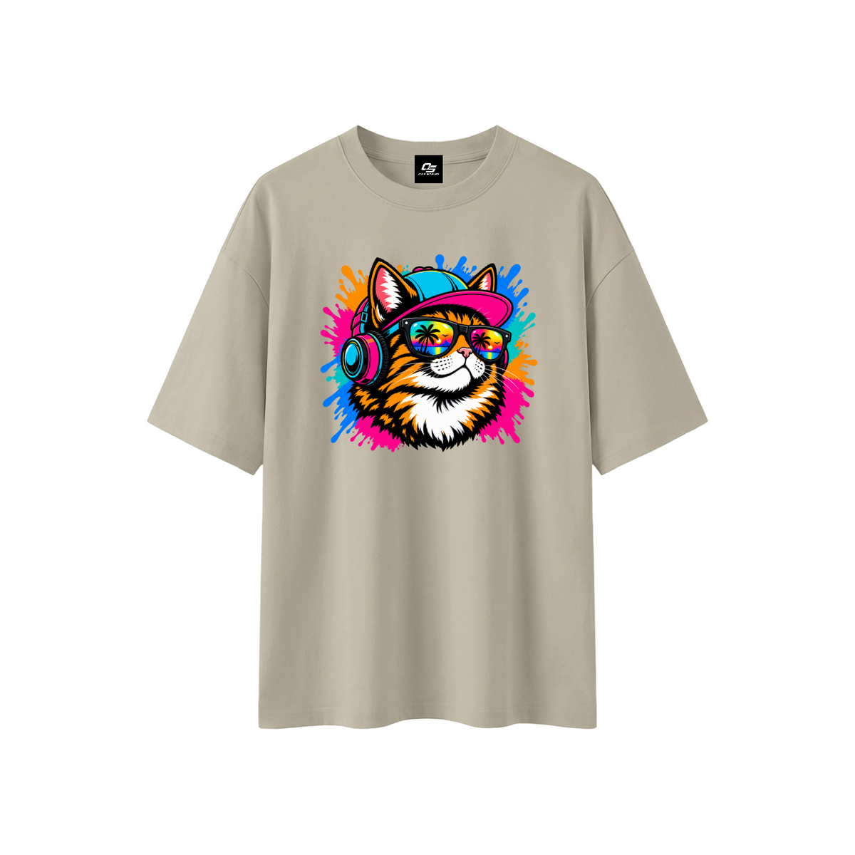 Cool Cat Sunset Headphones Unisex Boxy Oversized T-Shirt