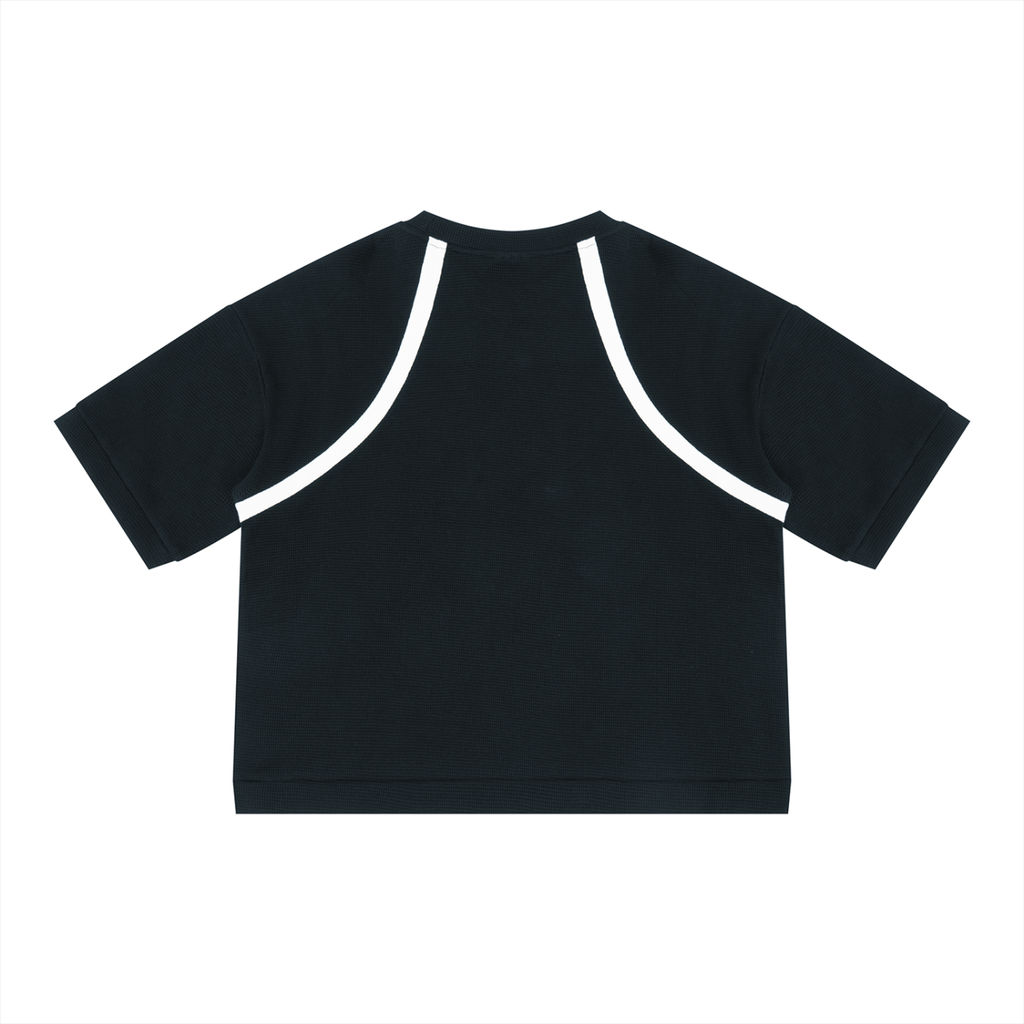 Black with White Unisex Color Block Waffle Boxy T-Shirt back product view