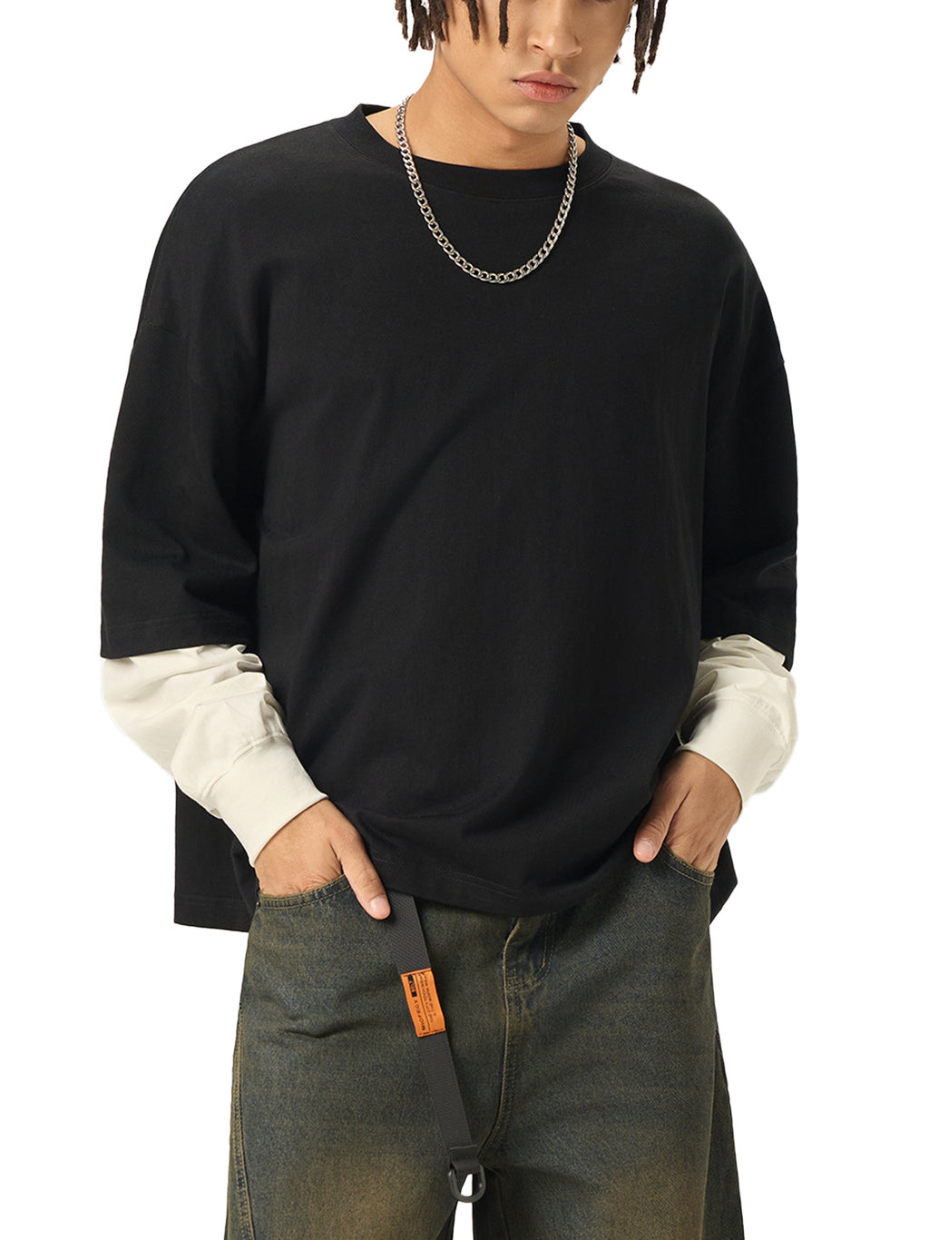 Unisex Layered Contrast-Sleeve Long-Sleeve T-Shirt gallery view
