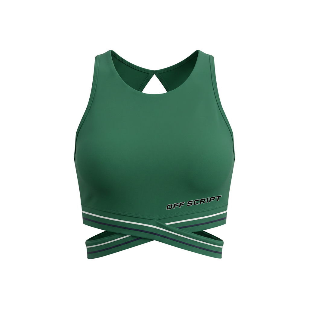 Off Script Women’s Criss-Cross Band Sports Bra - Blackish Green front 3D mockup