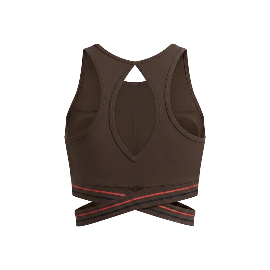 Off Script Women’s Criss-Cross Band Sports Bra - Coffee back 3D mockup