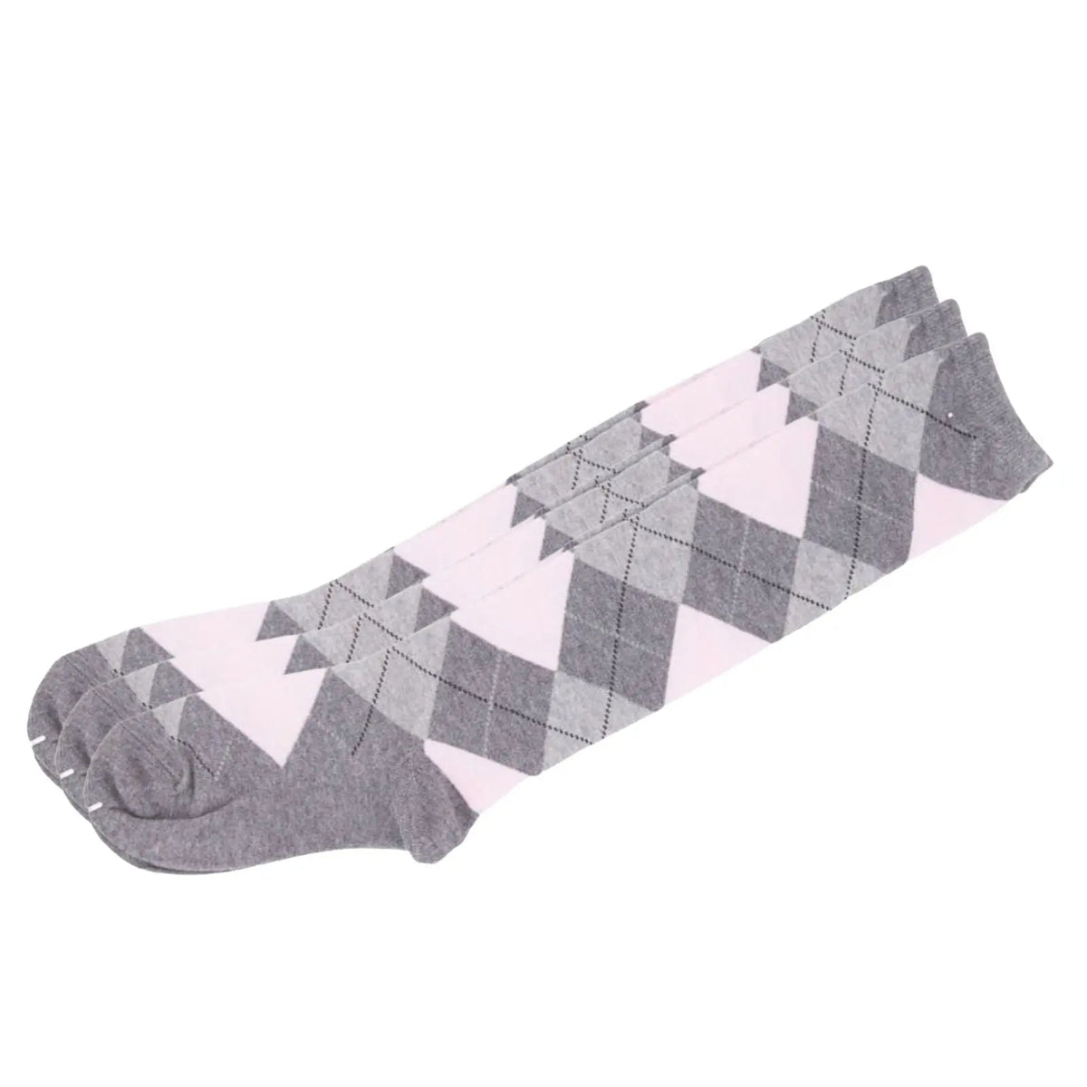 Argyle Knee High 3 Pairs Cotton Socks Diamond Check Pattern