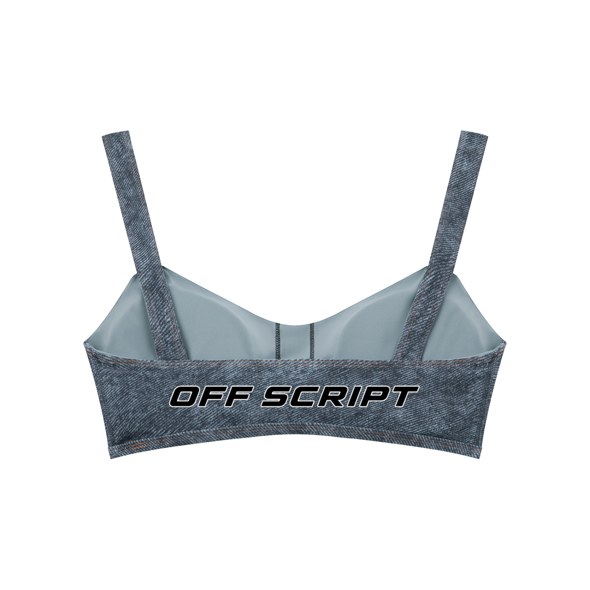 Off Script Women's Faux Denim Sports Bra - Jeans Blue back 3D mockup