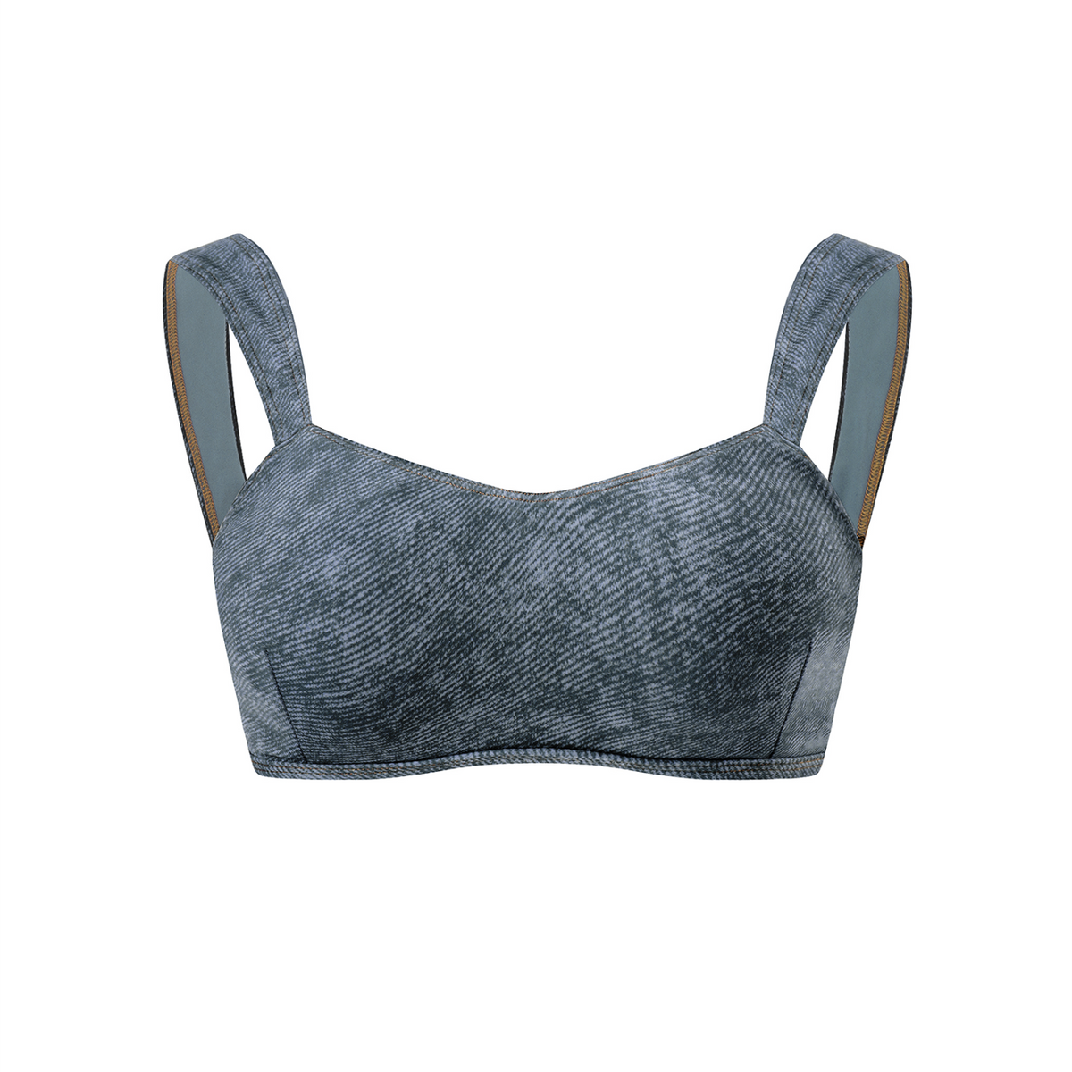 Off Script Women's Faux Denim Sports Bra - Jeans Blue front 3D mockup